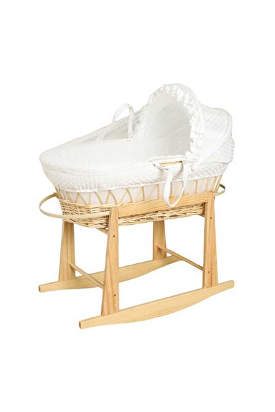 BabyCara Baby Basket Moses Natural Wicker Rocker Cot Infant Bedding With Pillow, Handle, Mosquito Net White