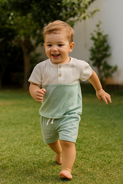 Babyhola 0-2 Yaş %100 Pamuk Tişört Şort 2'li Müslin Erkek Bebek Bayramlık Tak...