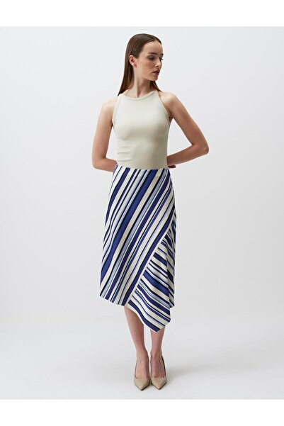 Jimmy Key Blue Asymmetric Cut Striped Midi Skirt