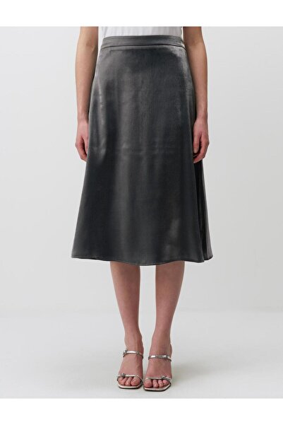 Jimmy Key Silver Regular Waist Shiny Midi Satin Skirt