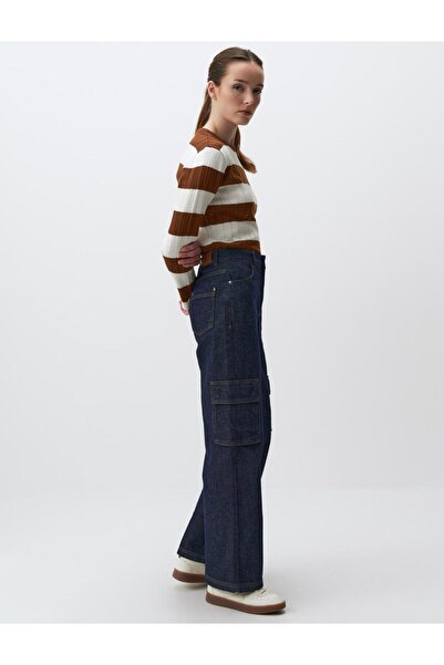 Jimmy Key Tmavo indigové modré džínsy cargo s vysokým pásom a širokými nohavicami