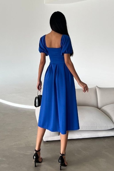 lovebox Women's Stretchy Diver Fabric Square Neck Balloon Sleeve Design Saks Blue Midi Evening Dress582613