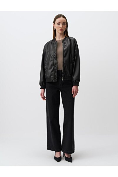Jimmy Key Black Long Sleeve Leather Bomber Jacket