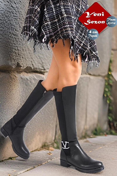 CAMOLLA Siyah Dalgıç Tokalı Kumaş Dizaltı Taşlı Çizme