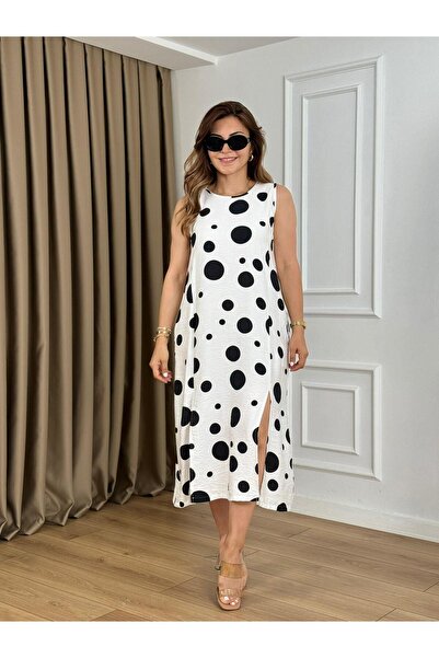 DISHI FASHİON Polka Dot Print Crew Neck Zero Sleeve Front Slit Long Dress