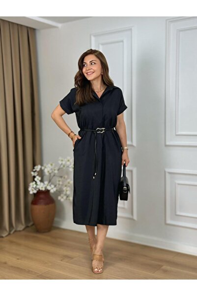 DISHI FASHİON Rochie cu guler cămașă și curea laterală cu fantă NEGRU