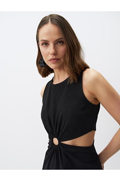 Jimmy Key Black Waist Detailed Sleeveless Linen Midi Dress