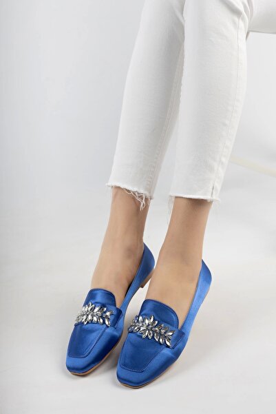 Moda Değirmeni Blue Satin Women's Square Toe Shoes