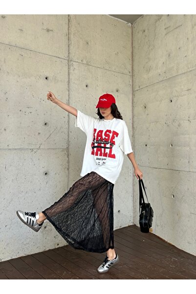 minaaise Kadın Siyah Astarsız Uzun Dantel Etek 28213