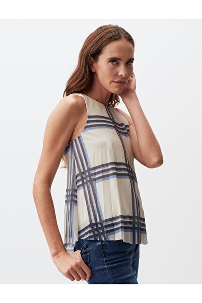 Jimmy Key Ecru Sleeveless Plaid Patterned Pleated Blouse