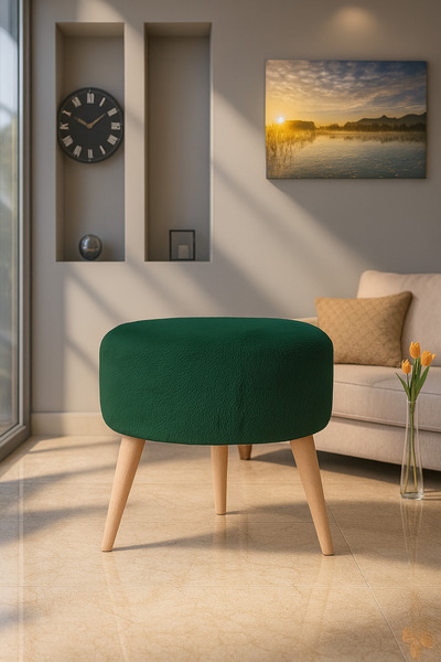 Azra Mobilya YEŞİL - Yuvarlak Welsoft Kumaş Puf | Ahşap Ayaklı Dekoratif Otur...