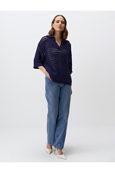 Jimmy Key Navy Blue 100% Cotton Polo Neck Openwork Knitwear T-Shirt
