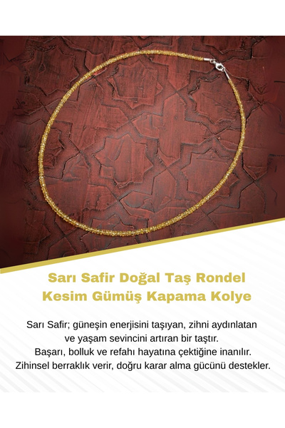 Saff Doğal Taş Sarı Safir Doğal Taş Rondel Kesim Gümüş Kapama Kolye - 2-3mm