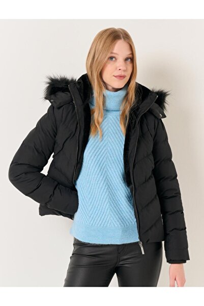 Jimmy Key Černý zimní kabát s rovným střihem a límečkem s kapucí