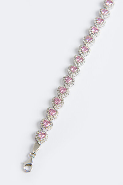 Luve Silver 925 Ayar Pembe Zirkon Taşlı Kalpli Su Yolu Kadın Gümüş Bileklik
