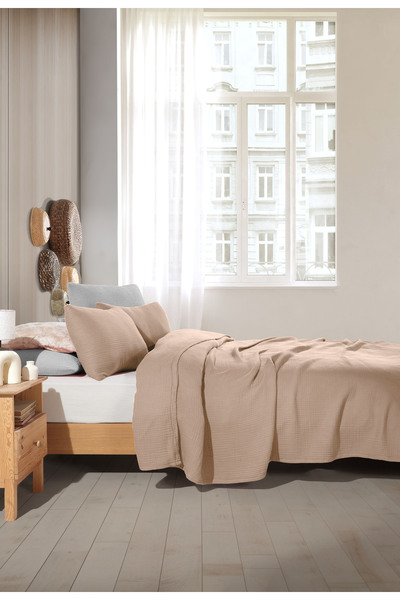 destinyhometex Taş Rengi 4 Katlı Multi Muslin %100 Pamuk Battal Boy Saçaksız 260x240cm