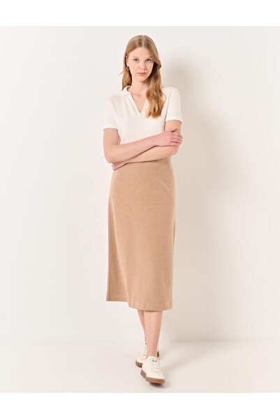 Jimmy Key Beige High Waist Soft Textured Midi Skirt