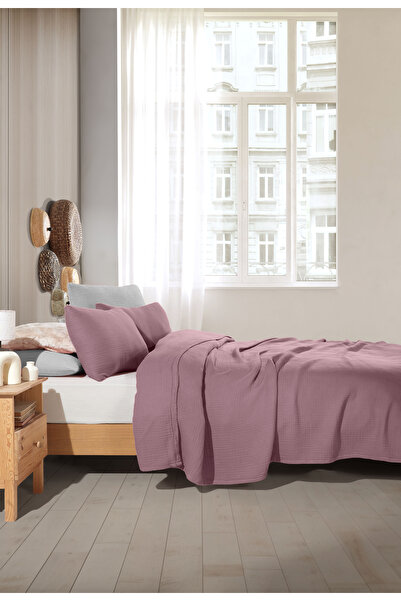 destinyhometex Mürdüm Çift Kişilik 240x250cm Pike/Yatak Örtüsü/2 Adet 50x70cm Yastık 4 Katlı Muslin %100 Pamuk