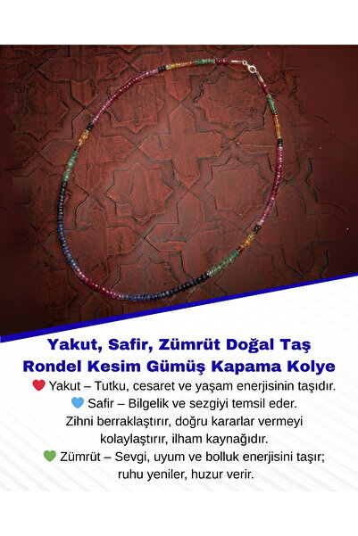 Saff Doğal Taş Yakut, Safir, Zümrüt Doğal Taş Rondel Kesim Gümüş Kapama Kolye - 2-3mm