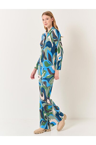 Jimmy Key Mixed High Waist Wide Leg Abstract Patterned Trousers