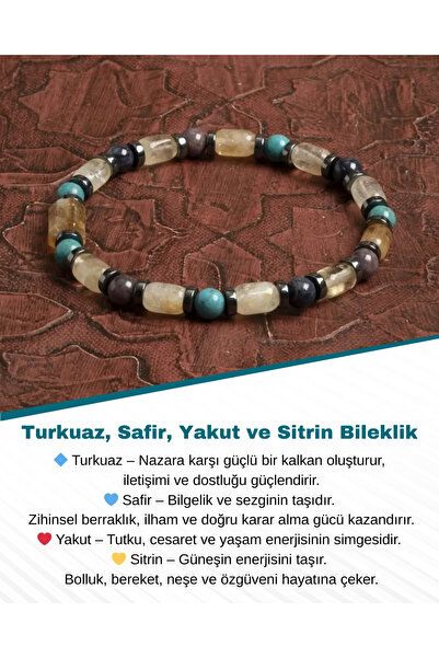 Saff Doğal Taş Sertifikalı Doğal Turkuaz, Safir, Yakut ve Sitrin Bileklik – K...