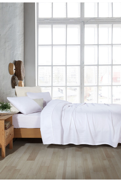 destinyhometex Beyaz Çift Kişilik 200 X 240cm Yatak Örtüsü/2 Adet 50x70cm Yastık 4 Katlı Multi Muslin %100 Pamuk