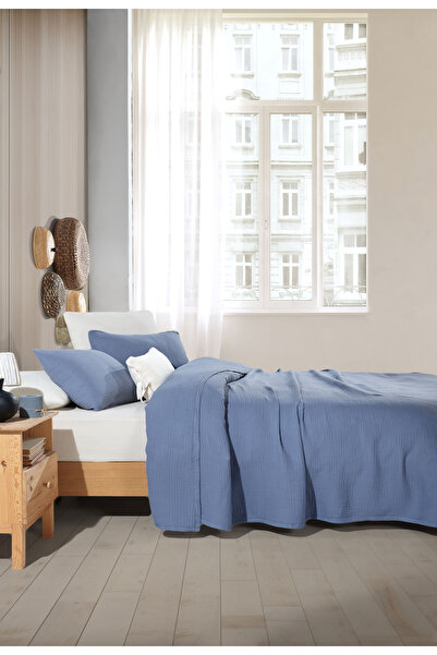 destinyhometex Dark Blue 4 Layer Muslin 100% Cotton XL Single Bedspread Without Fringe/Pike 180 X 240cm
