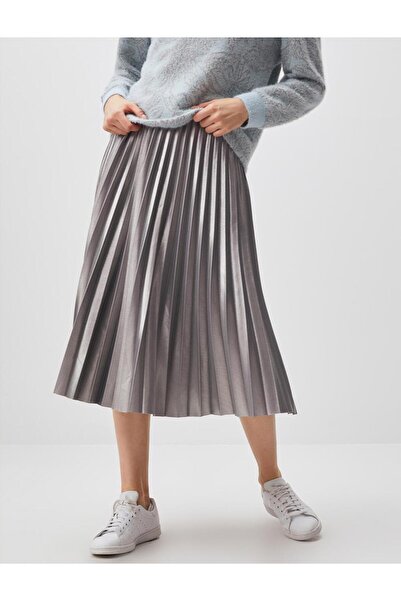 Jimmy Key Silver High Waist Pleated Shiny Midi Skirt