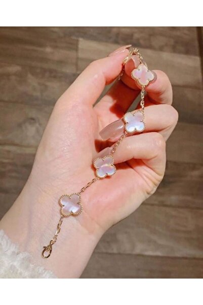 HISCOSMETIC Kadın Gold Zincir Viral 4 Yonca Pembe Detaylı Çift Taraflı Bileklik