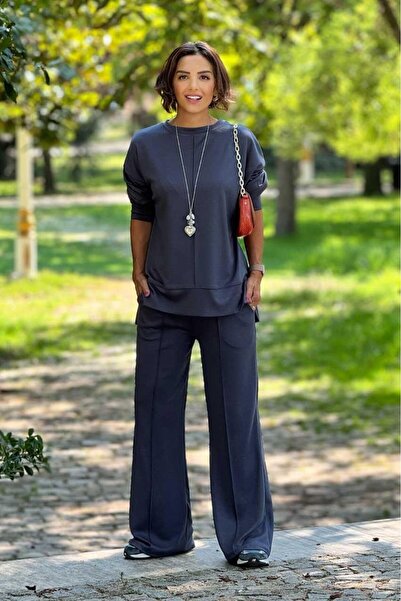 Nevin Kaya Moda Füstölt színű modális szövet nadrág blúz szett