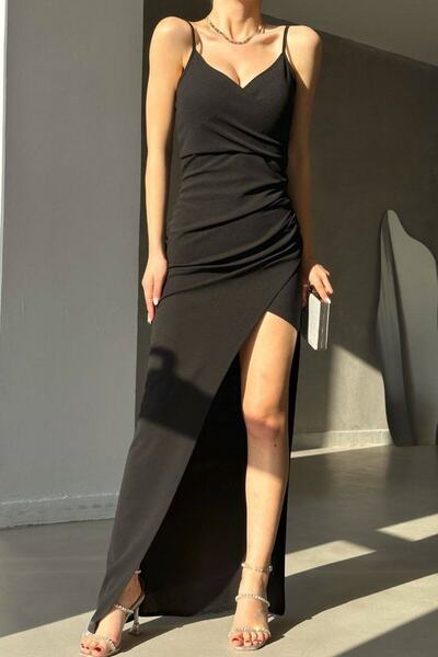 lovebox Kadın Esnek Krep Kumaş Kruvaze Yaka Yırtmaç Detaylı Maxi Siyah Abiye Elbise 582193