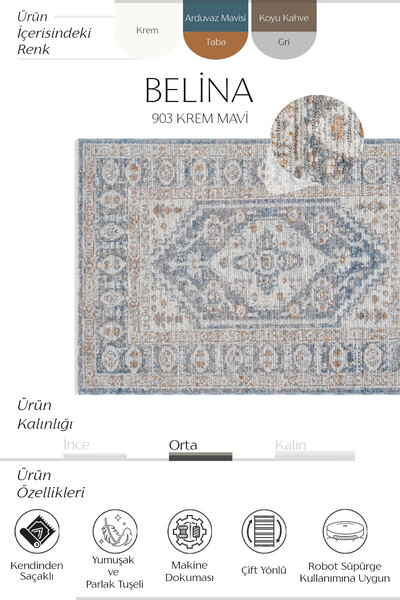 Cool Halı Belina Cream Blue Vintage Round Carpet – Ethnic Pattern Classic Loop Rug for Living Room