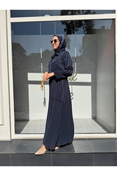 MissWhence Striped Waist Tight Women's Cupro Dress Navy Blue