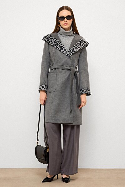 Olcay Παλτό με κουκούλα με λεοπάρ σχέδιο με τσέπες με γαρνιτούρα ΣΚΟΥΡΟ ΓΚΡΙ 3123