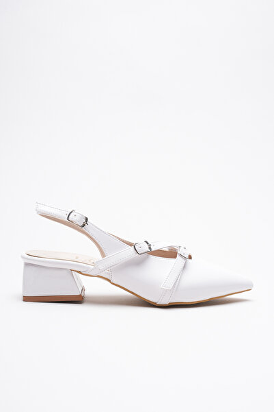 Lizzu حذاء نسائي بكعب سميك قصير ذو قبعة مزدوجة من الجلد الأبيض اللامع من Livoya