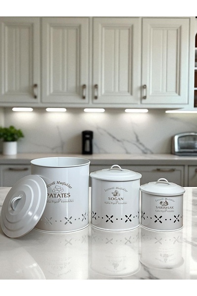 metalshop Lüx Metal Patates Soğan Sarımsak Kovası Sebze Saklama Kabı Beyaz