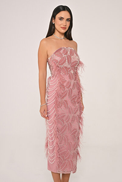 ALFABETA Straplez Boncuklu Otrişli Midi BOY ABİYE Elbise