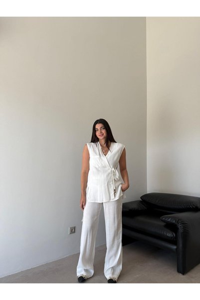 Bade Butik Ecru Lace Detailed Vest Linen Suit