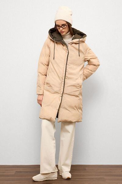 Olcay Hooded Two-Color Double-Sided down Jacket Khaki-Stone 5371