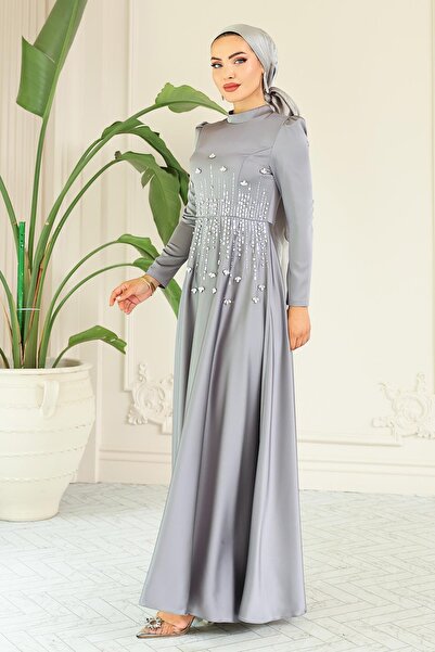 Olcay Flared Front Satin Hijab Evening Dress with Stone Pattern Silver 1680