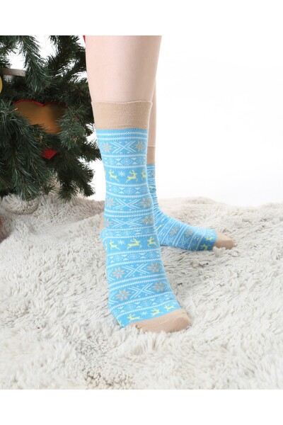 Socks Tunnel New Year's Deer Patterned Blue Colored Socks