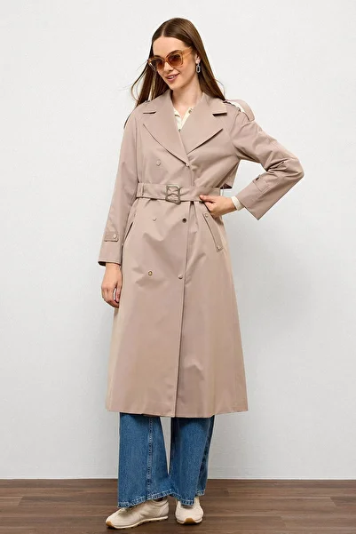 Olcay Water Repellent Trench Coat with Cape and Epaulet Detail and Snap Closure Taş 6709
