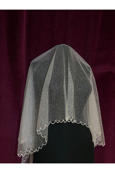 Tasarım Kristal İşlemeli Simli Kırık Beyaz Nikah Düğün Gelin İçin Tül Duvak (150cm)