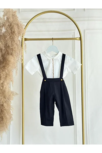 Hobidik Baby Boy Stylish Suit – Black Suspender Pants & White Shirt