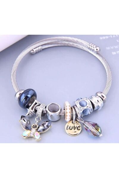 Women's Lilac Color Butterfly Steel Bracelet with Charm