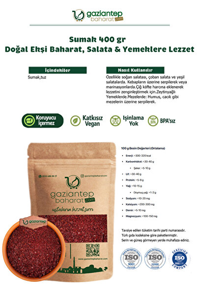 Gaziantep Baharat Sumak 400 gr – Doğal Ekşi Baharat, Salata & Yemeklere Lezze