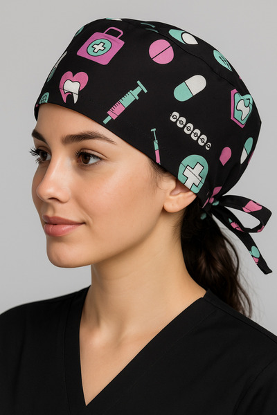 monotıp CERRAHİ BONE,DOKTOR HEMŞİRE BONESİ,UNISEX,DİŞ DESENLİ SİYAH