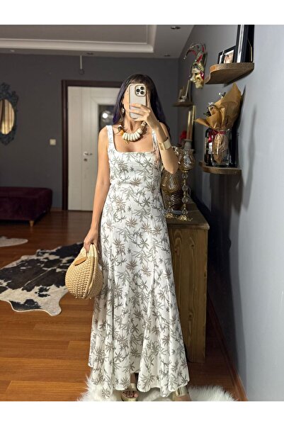 MODAGK Palmiye Desenli Pamuk Keten Elbise -BEYAZ