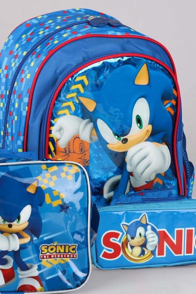 Sonic Geantă de școală Sonic cu licență de sezon nou - Set de papetărie pentru prânz și creion