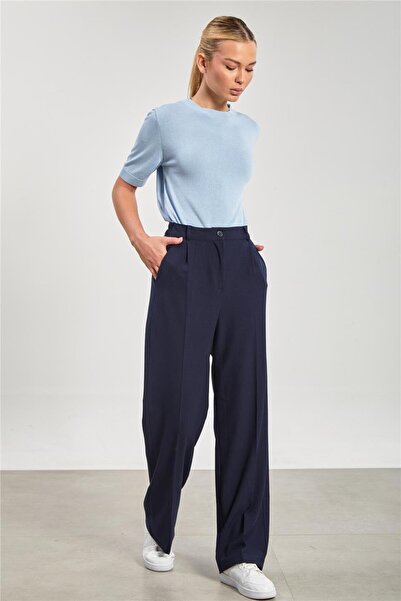 BARRELS AND OIL بنطلون بالازو نسائي بخصر مطاطي - أزرق داكن